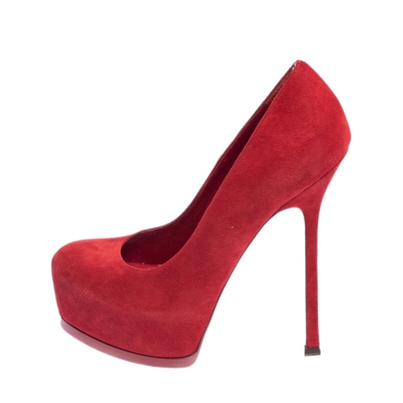 YSL Yves Saint Laurent Tribute Tribtoo 105 Red Suede Platform Pumps 👠 - Picture 3 of 9